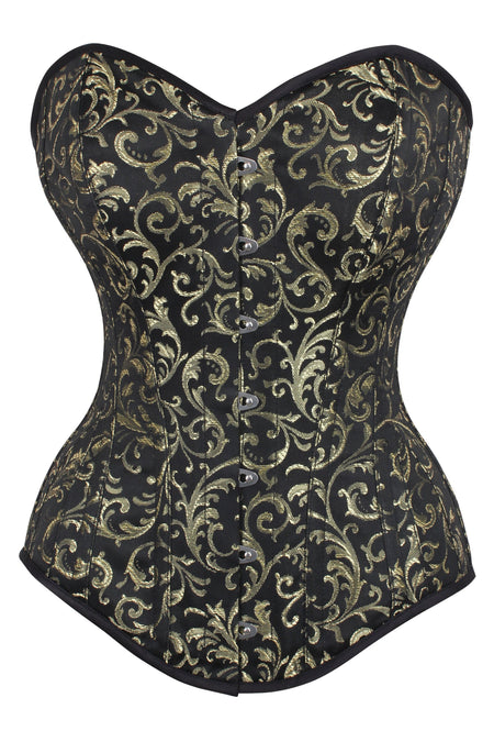 Long Gold Brocade Pattern Corset With Hip Gores