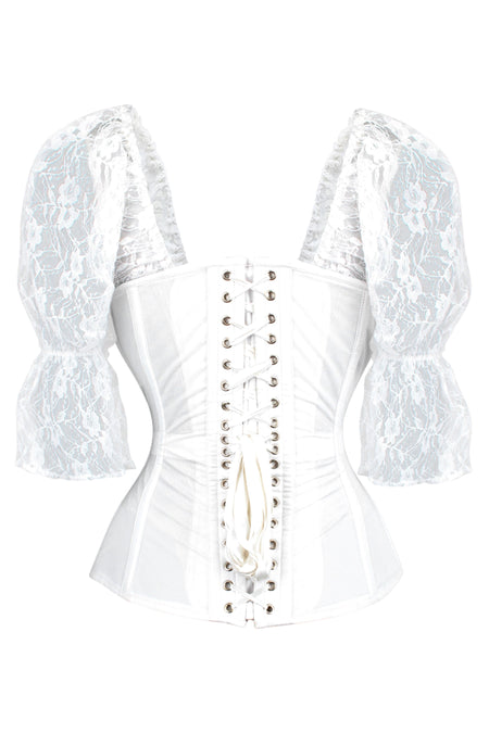 White Mesh Overbust Bridal Corset with Lace Sleeves