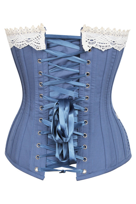 Blue Longline Corset with Lace and Ribbing