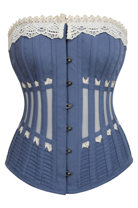 Blue Longline Corset with Lace and Ribbing